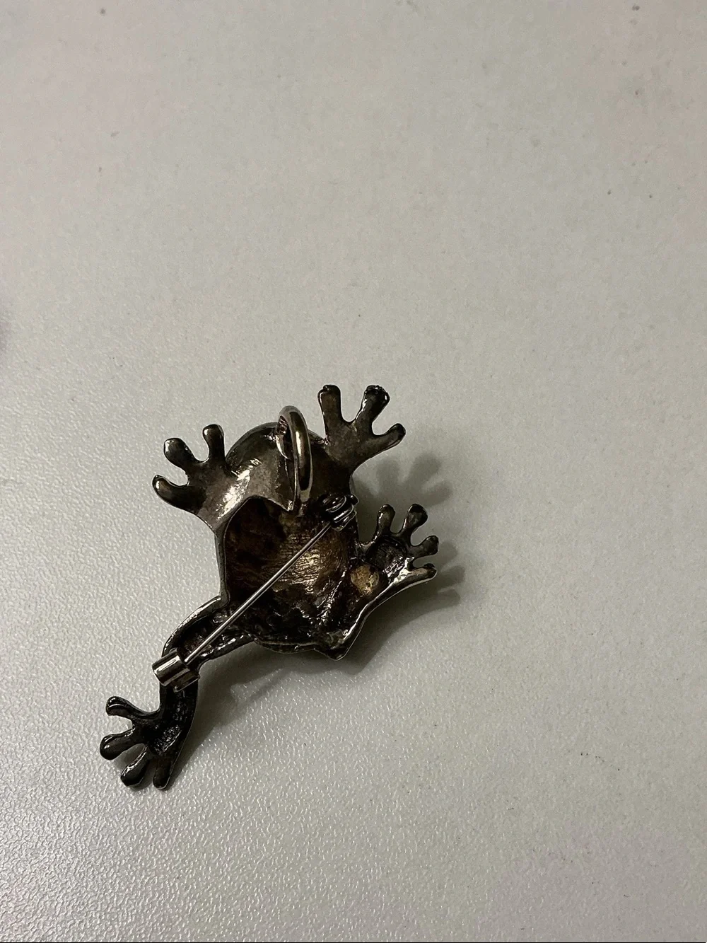 Mexican Silver Hand Crafted Frog Brooch Pendant Set of Two Rhinestones